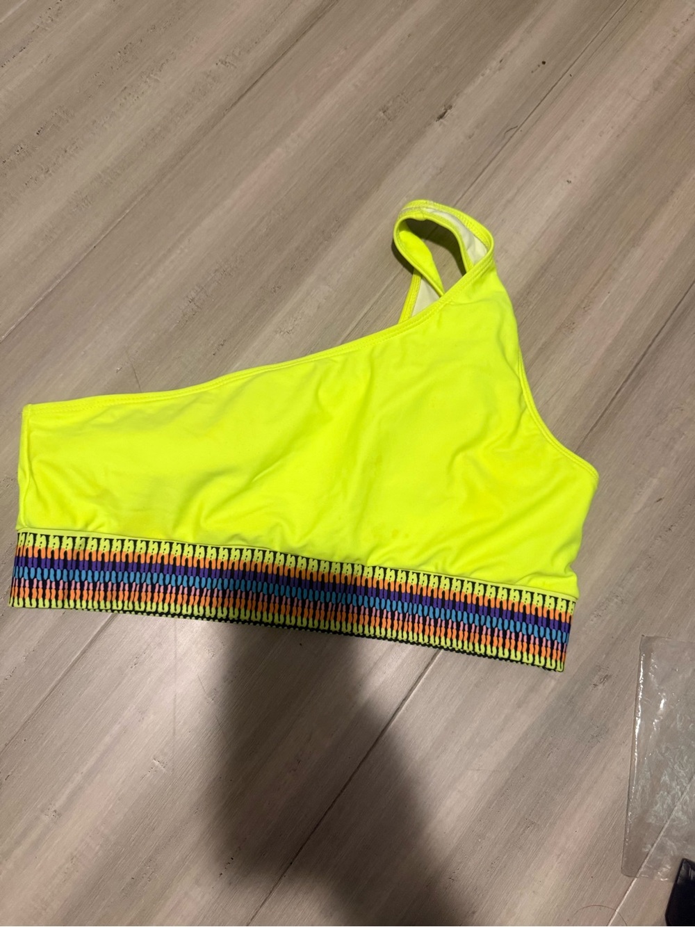 Neon Yellow One-Shoulder Swim top Bra with Rainbow Band